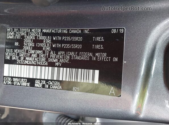 2T2ZZMCA7KC149356 2019 LEXUS RX 350 Black Vista del compartimento del motor
