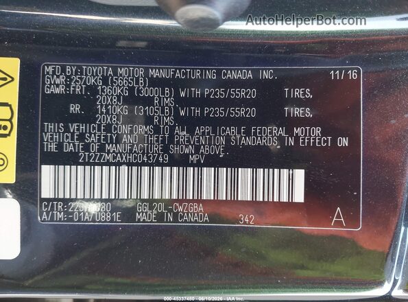 2T2ZZMCAXHC043749 2017 LEXUS RX 350 Black Вид підкапотного простору
