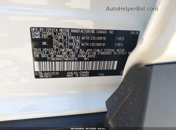 2T36CRAV2TW040919 2026 TOYOTA RAV4 White Engine compartment view