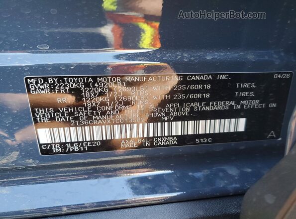 2T36CRAVXTC013582 2026 TOYOTA RAV4 Blue VIN կոդի պիտակի տեսք