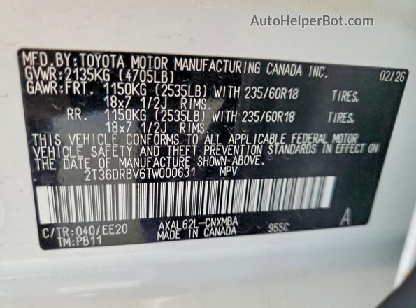 2T36DRBV6TW000631 2026 TOYOTA RAV4 White VIN კოდის სტიკერის ხედი
