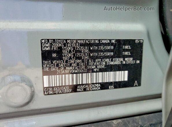 2T3A1RFV0KW056432 2019 TOYOTA RAV4 Серый Вид наклейки с VIN-кодом