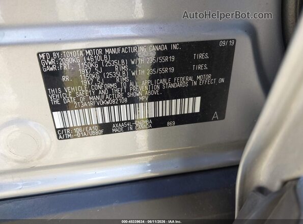 2T3A1RFV0KW082108 2019 TOYOTA RAV4 Gray Շարժիչի բաժամունքի տեսք