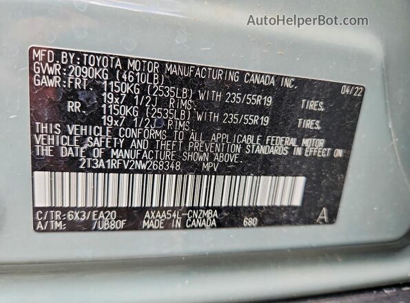 2T3A1RFV2NW268348 2022 TOYOTA RAV4 Gray Widok naklejki z numerem VIN