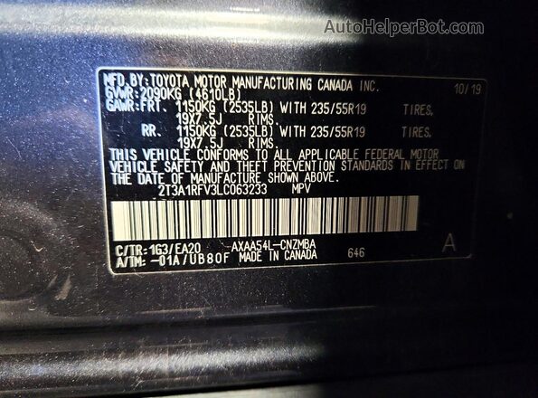 2T3A1RFV3LC063233 2020 TOYOTA RAV4 Gray 