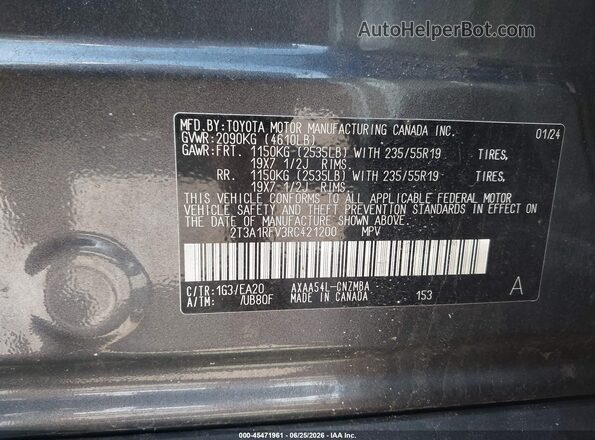2T3A1RFV3RC421200 2024 TOYOTA RAV4 Gray Շարժիչի բաժամունքի տեսք