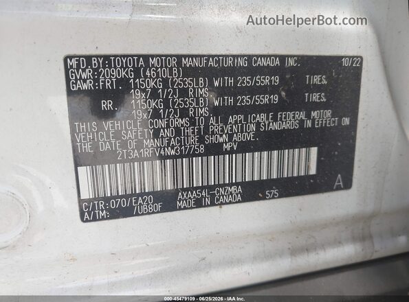 2T3A1RFV4NW317758 2022 TOYOTA RAV4 White Widok komory silnika
