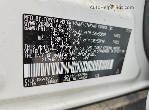 2T3A1RFV4SW498162 2025 TOYOTA RAV4 White Widok naklejki z numerem VIN