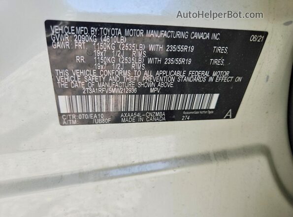 2T3A1RFV5MW212936 2021 TOYOTA RAV4 White 360 interior view