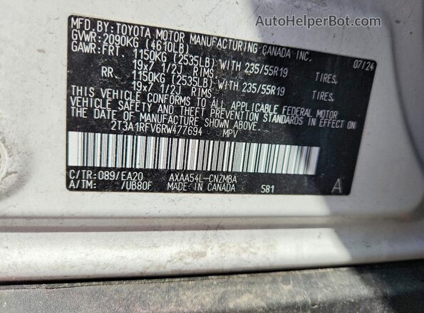 2T3A1RFV6RW477694 2024 TOYOTA RAV4 White VIN կոդի պիտակի տեսք