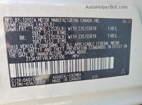 2T3A1RFV8LW135106 2020 TOYOTA RAV4 White Սալոնի 360 աստիճան տեսք