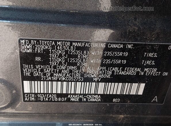 2T3A1RFV9KC052753 2019 TOYOTA RAV4 Gray Вид підкапотного простору