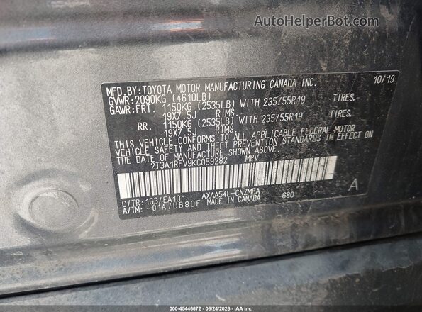 2T3A1RFV9KC059282 2019 TOYOTA RAV4 Серый Вид подкапотного пространства