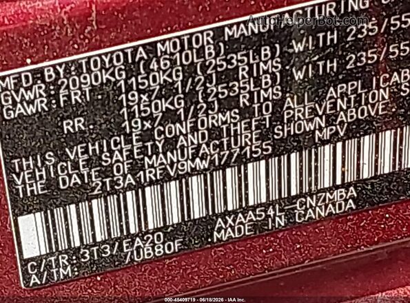 2T3A1RFV9MW177155 2021 TOYOTA RAV4 Burgundy Widok komory silnika
