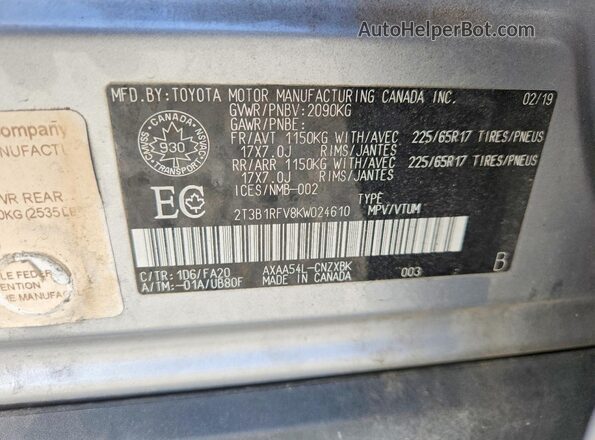 2T3B1RFV8KW024610 2019 TOYOTA RAV4 Silver Սալոնի 360 աստիճան տեսք