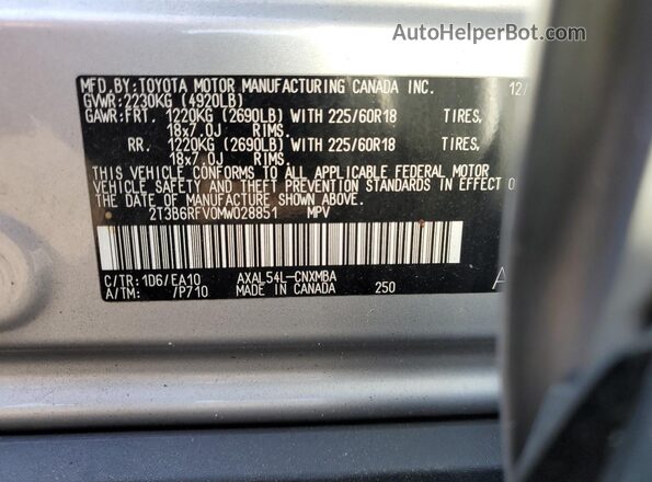 2T3B6RFV0MW028851 2021 TOYOTA RAV4 Silver VIN կոդի պիտակի տեսք