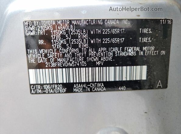 2T3BFREV0HW574105 2017 TOYOTA RAV4 Silver Engine compartment view