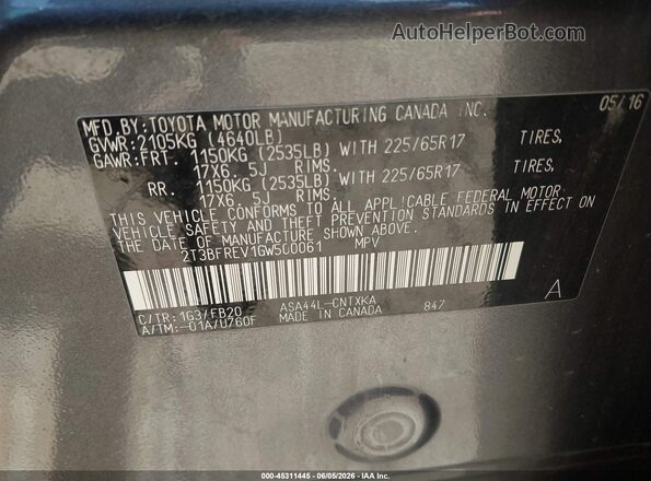 2T3BFREV1GW500061 2016 TOYOTA RAV4 Серый Вид подкапотного пространства