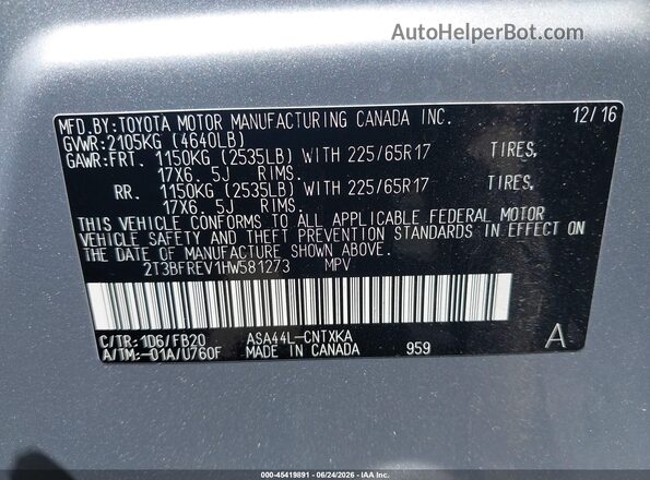 2T3BFREV1HW581273 2017 TOYOTA RAV4 Silver Widok komory silnika