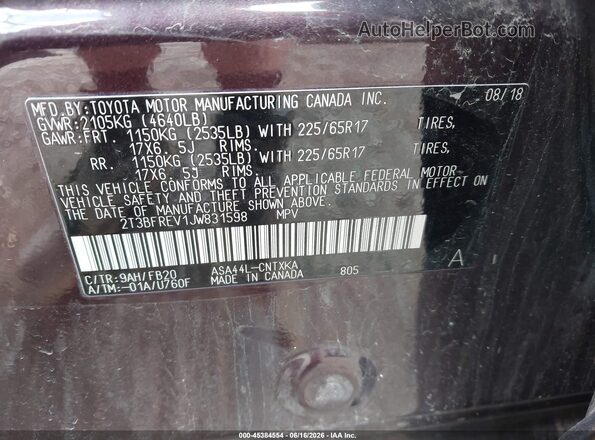2T3BFREV1JW831598 2018 TOYOTA RAV4 Burgundy Widok komory silnika