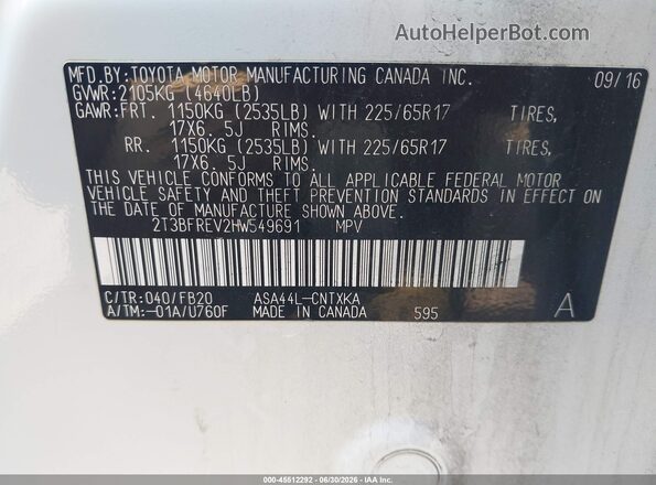 2T3BFREV2HW549691 2017 TOYOTA RAV4 White Vista del compartimento del motor