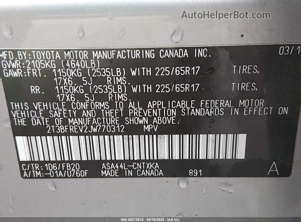 2T3BFREV2JW770312 2018 TOYOTA RAV4 Silver Vista del compartimento del motor