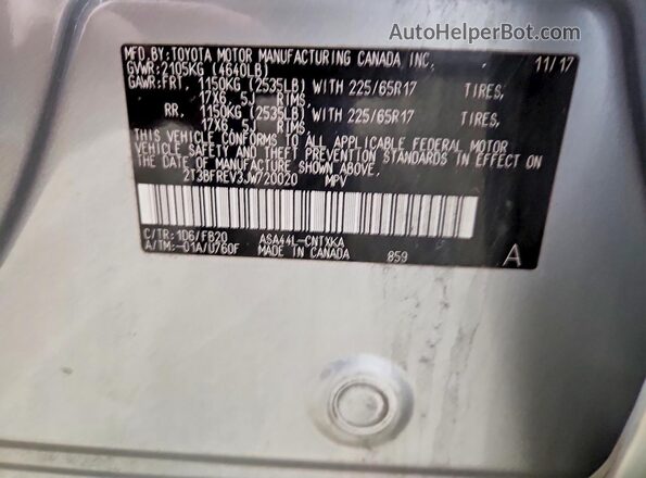 2T3BFREV3JW720020 2018 TOYOTA RAV4 Silver 