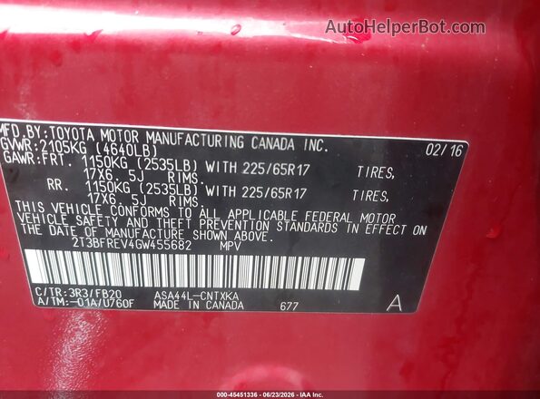 2T3BFREV4GW455682 2016 TOYOTA RAV4 Red Vista del compartimento del motor