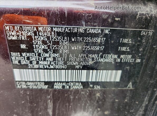 2T3BFREV4JW780940 2018 TOYOTA RAV4 Purple Շարժիչի բաժամունքի տեսք