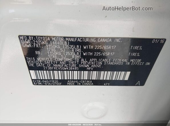 2T3BFREV5GW438485 2016 TOYOTA RAV4 White Vista del compartimento del motor