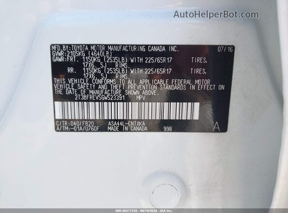 2T3BFREV5GW523391 2016 TOYOTA RAV4 White ძრავის განყოფილების ხედი