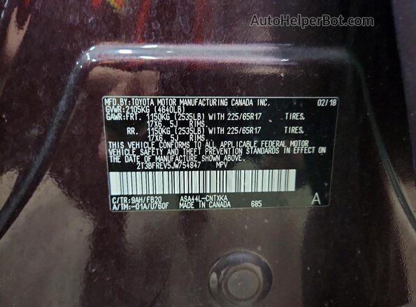 2T3BFREV5JW754847 2018 TOYOTA RAV4 Purple Vista de la etiqueta del VIN