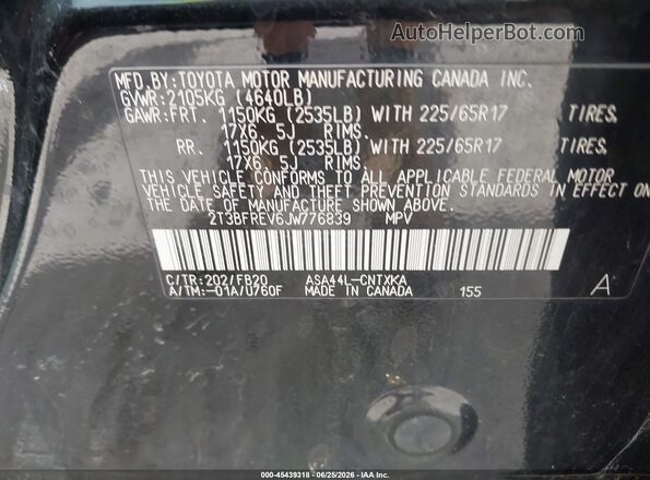 2T3BFREV6JW776839 2018 TOYOTA RAV4 Black ძრავის განყოფილების ხედი