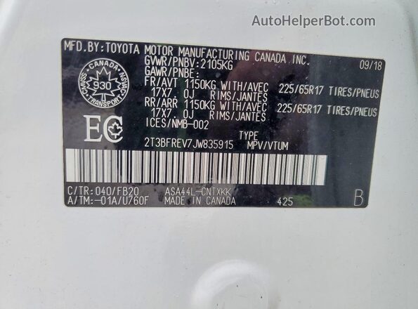 2T3BFREV7JW835915 2018 TOYOTA RAV4 White 