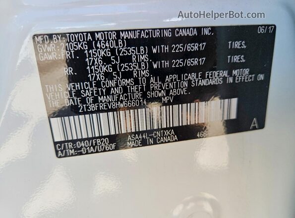 2T3BFREV8HW666014 2017 TOYOTA RAV4 White Vista del compartimento del motor