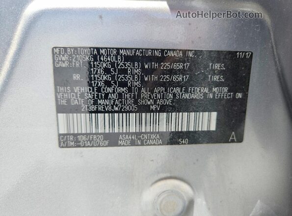 2T3BFREV8JW729005 2018 TOYOTA RAV4 Silver სალონის 360-გრადუსიანი ხედი
