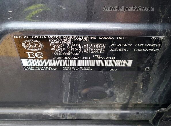 2T3BFREV8JW773134 2018 TOYOTA RAV Gray VIN կոդի պիտակի տեսք