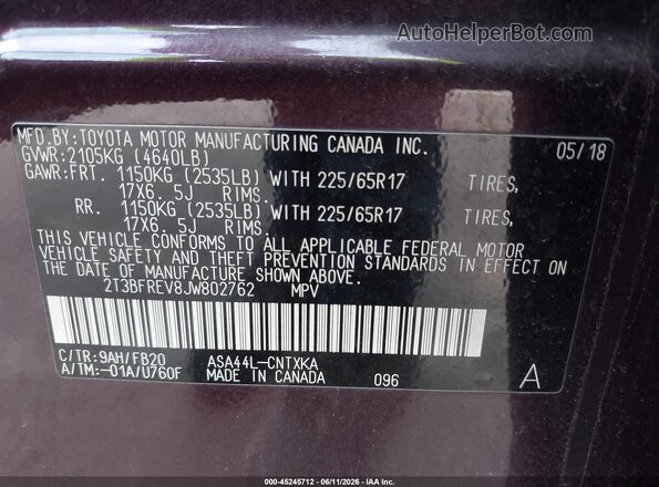 2T3BFREV8JW802762 2018 TOYOTA RAV4 Фиолетовый Вид подкапотного пространства
