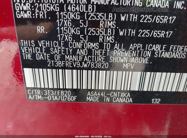 2T3BFREV9JW783820 2018 TOYOTA RAV4 Red Engine compartment view