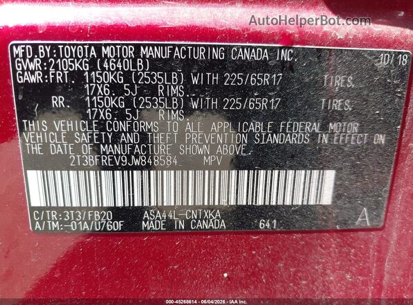 2T3BFREV9JW848584 2018 TOYOTA RAV4 Red Вид підкапотного простору