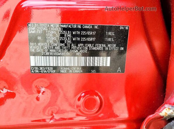 2T3BFREVXGW488394 2016 TOYOTA RAV4 Red 360 interior view