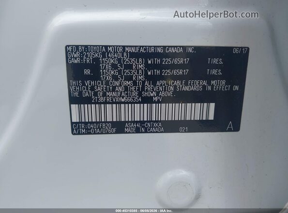 2T3BFREVXHW666354 2017 TOYOTA RAV4 White Вид підкапотного простору