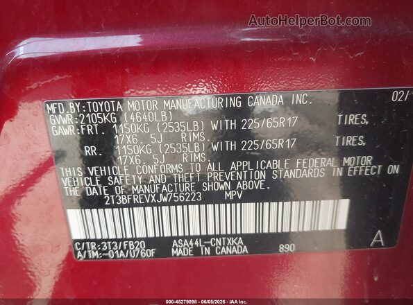 2T3BFREVXJW756223 2018 TOYOTA RAV4 Red Widok komory silnika