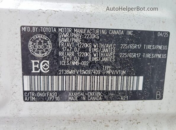 2T3BWRFV1SW287409 2025 TOYOTA RAV4 White Սալոնի 360 աստիճան տեսք