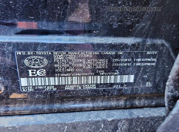 2T3BWRFV5MW108713 2021 TOYOTA RAV4 Black VIN კოდის სტიკერის ხედი