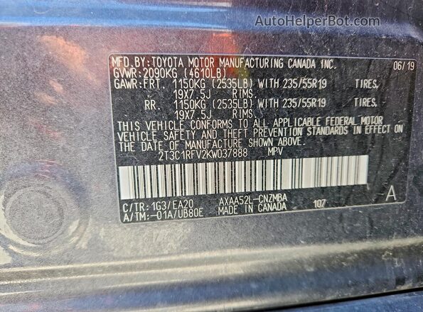 2T3C1RFV2KW037888 2019 TOYOTA RAV4 Gray Vista de la etiqueta del VIN