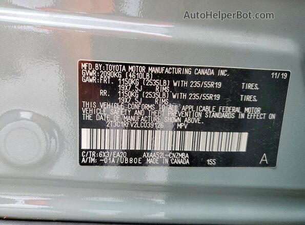 2T3C1RFV2LC039126 2020 TOYOTA RAV4 Green VIN կոդի պիտակի տեսք