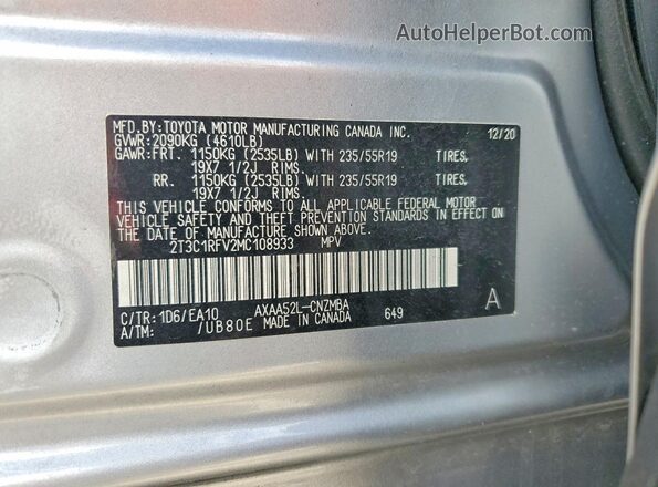 2T3C1RFV2MC108933 2021 TOYOTA RAV4 Silver Vista de la etiqueta del VIN