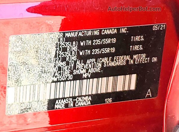 2T3C1RFV2MW150730 2021 TOYOTA RAV4 Red VIN sticker view