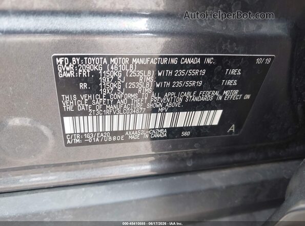 2T3C1RFV3LC034677 2020 TOYOTA RAV4 Gray Vista del compartimento del motor
